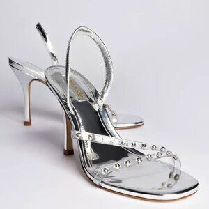 $400 LARROUDE Annie Sandal Silver Specchio Swarovski Crystals HEEL 6.5 (DB37)